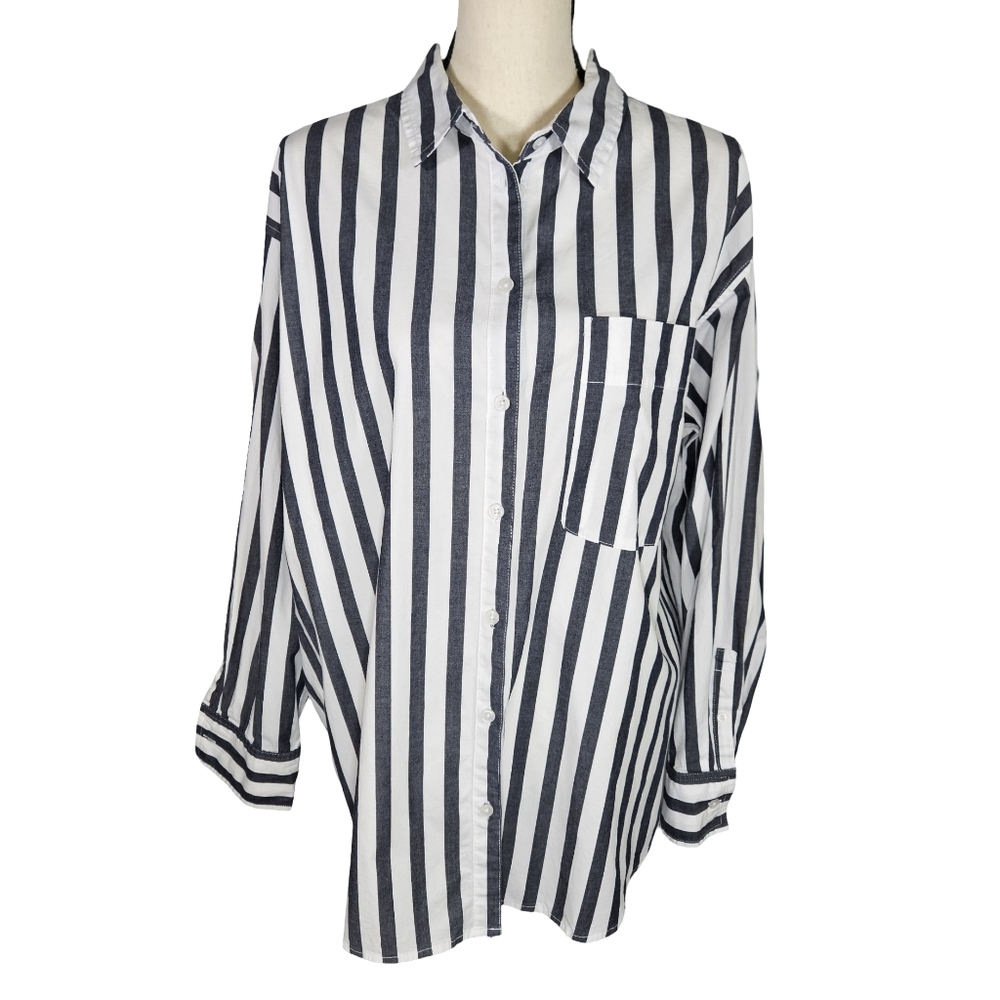 A New Day Striped Long Sleeve Button Down Shirt, Grey/White, XL